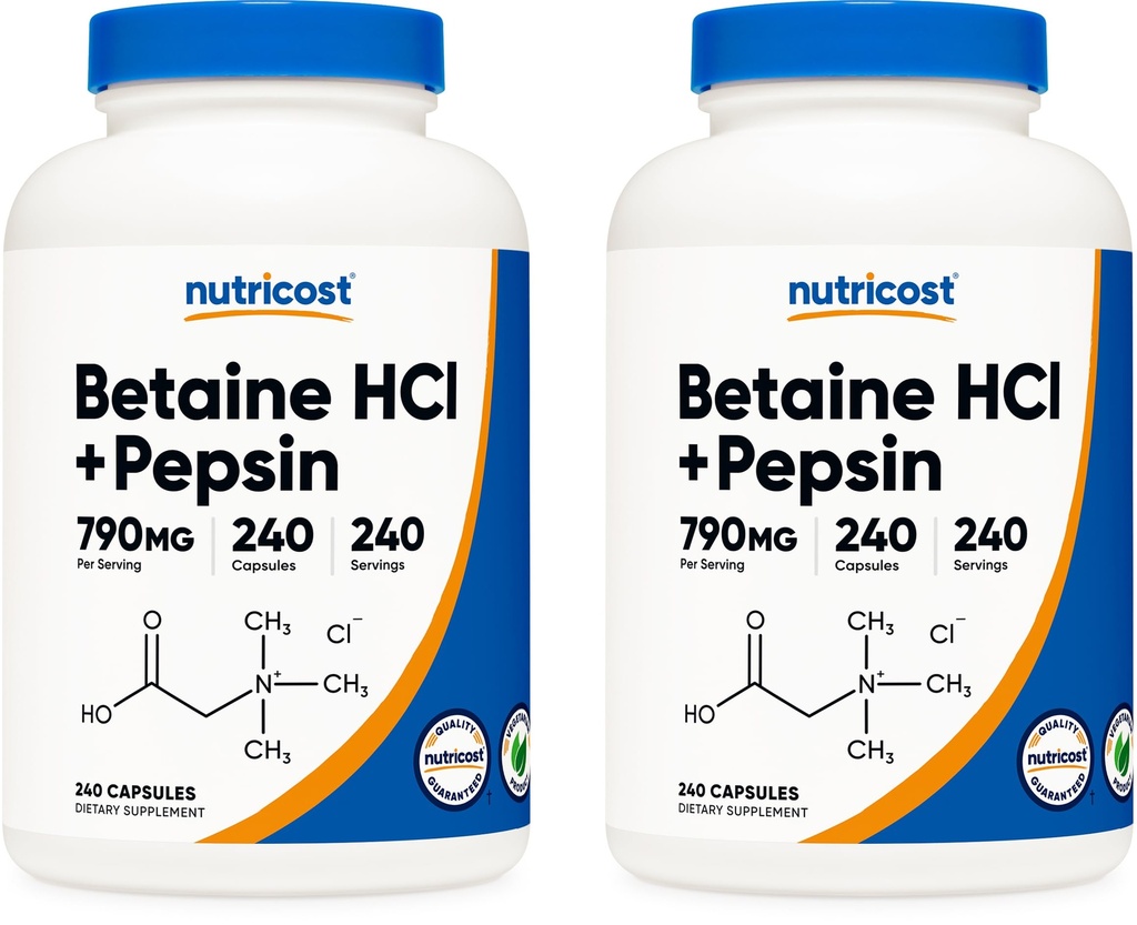 Nutricost 베타인 HCl + Pepsin 790mg, 240 캡슐, 2 병 (480 캡슐)