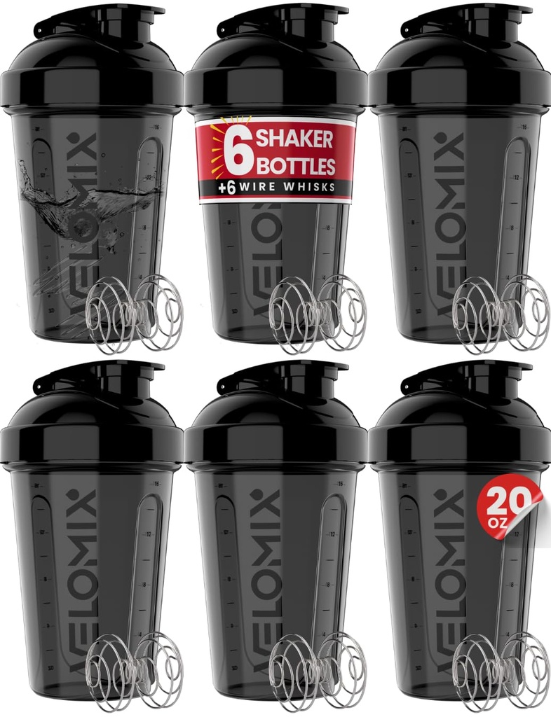 VELOMIX -6 PACK- 쉐이커 컵 단백질 쉐이크 20 oz - 6x 와이어 위스키 | 단백질 쉐이크 용 누출 방지 단백질 쉐이커 병, 사전 및 포스트 운동 용 쉐이커 병 팩, 쉐이커 컵 (블랙)