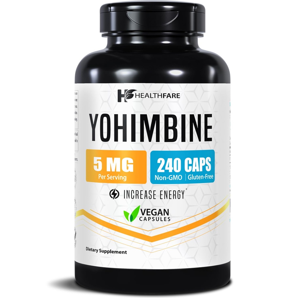 Healthfare Yohimbine HCL 5mg | 240 Vegan 캡슐 | 최대 힘 공식 | Vegan, Non-GMO, 글루텐 프리 | 미국에서 제작