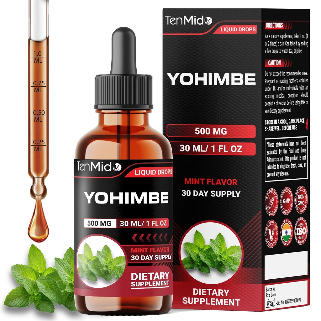 Yohimbe 남성 및 여성용 보충제 - Yohimbine 10mg 액체 드롭 | 알코올 프리, 비건, 비 GMO - 30ml 1 Fl OZ