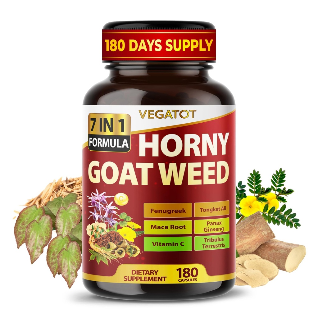 Horny Goat는 Yohimbine, Tongkat Ali, Maca, Tribulus & Panax Ginseng - 8-in-1 힘 & 활력 지원 - 180 캡슐 - Vegatot - 글루텐 - 무료, 실험실 검증