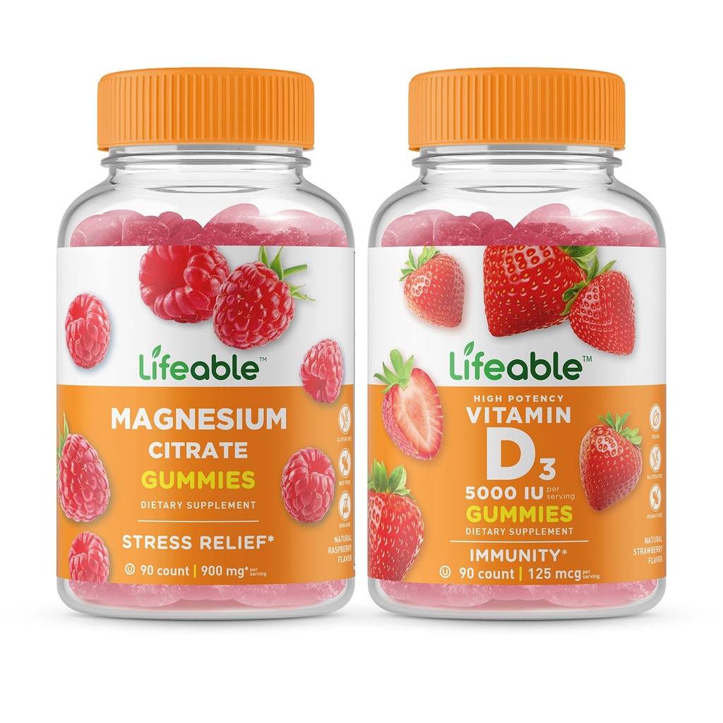 Lifeable 마그네슘 + 비타민 D 5000 IU, Gummies 번들 - 훌륭한 타스팅, 비타민 보충, 글루텐 무료, GMO 무료, Chewable Gummy