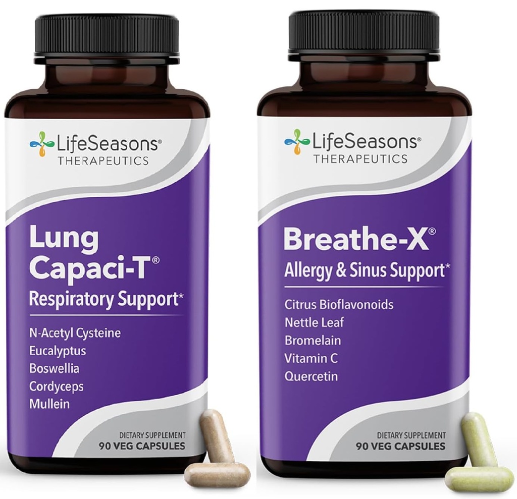 LifeSeasons Breathe-X with Lung Capaci-T - 알레르기 및 호흡 지원 - 빠른 Acting Sinus Relief - 산소 용량 증가 및 Mucus 감소 - 180 캡슐