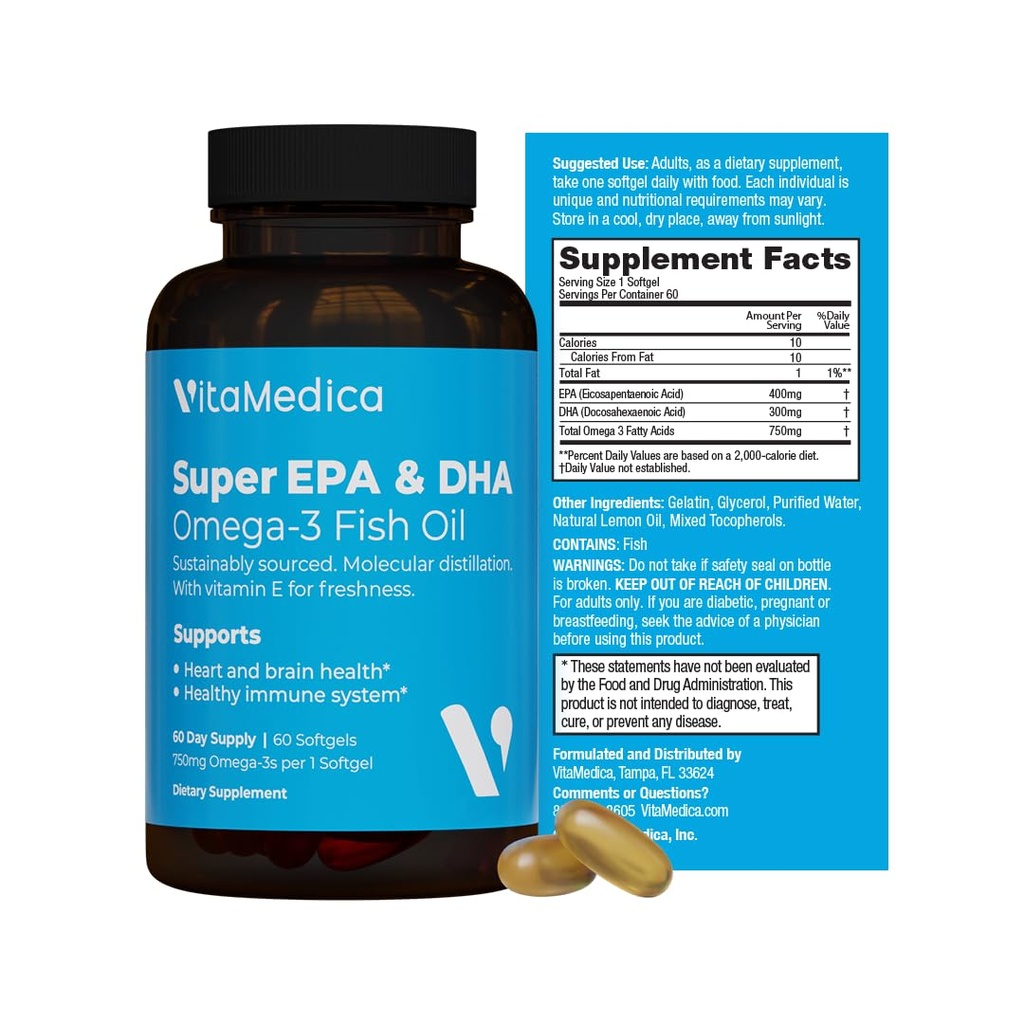 고순도, 슈퍼 EPA / DHA 생선 기름 750mg의 필수 오메가-3 지방산 | EPA 및 DHA | 심장 건강, 뇌 건강, 면역 체계 건강