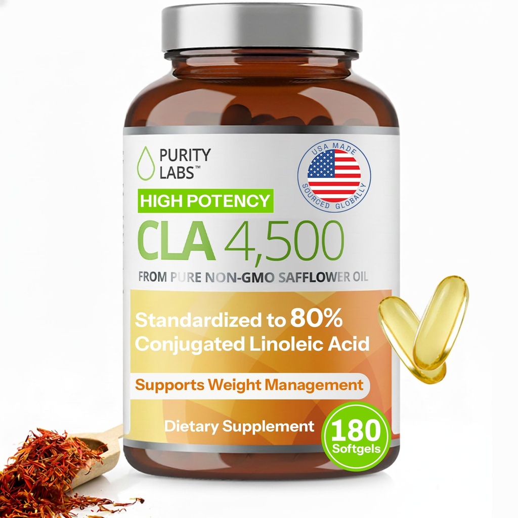 순수성 실험실 CLA는 4500MG를 보충합니다 - 비 GMO Safflower 기름 - 에너지, 체중 감소, 심장 건강 및 근육 건강을 지원합니다 - 180 소프트 젤