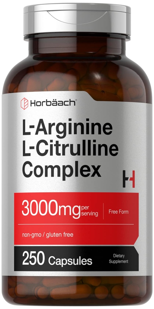 Horbäach L-Arginine L-Citrulline Complex | 3000mg | 250 캡슐 | 비 GMO, 글루텐 무료 보충
