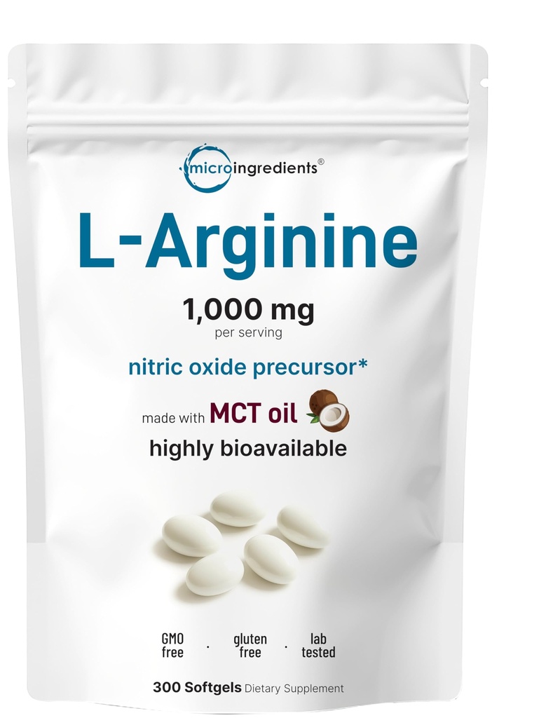 마이크로 성분 MCT 기름을 가진 L 아르기닌 1000mg, 300 Softgels | 남성 & 여성을 위한 산화 방지제* | 매일 웰니스를 위한 여분 힘 아미노산 공식 | Non-GMO, 글루텐 자유로운, 아니 Soy