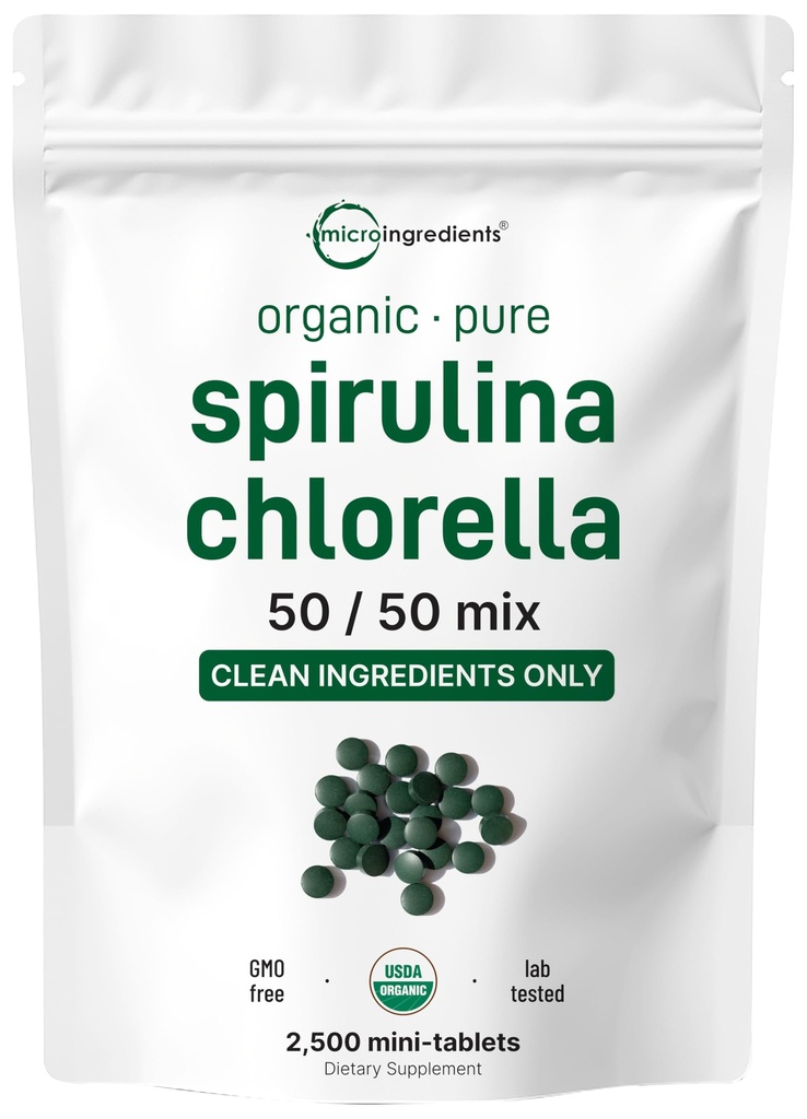 마이크로 성분 유기 Spirulina Chlorella 소형 정제, 2,500의 정제 (8 달 공급) | 50/50의 혼합 Superfood | 더 나은 흡수를 위한 금된 세포 벽 | Vegan Protein & Chlorophyll에서 부유한