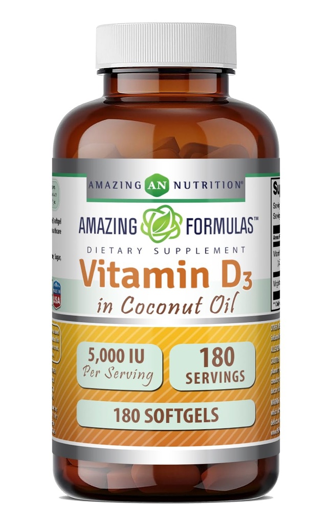 Amazing Formulas Vitamin D3 with Coconut Oil Supplement | 5000 IU Per 서빙 | 180 Softgel | Non-GMO | 글루텐 프리 | 미국