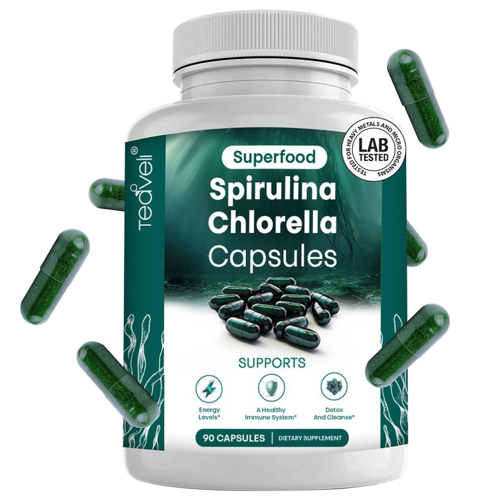 Spirulina와 Chlorella 캡슐 – Chlorophyll 알약 & 강력한 해독, 에너지 및 건강한 면역 체계 3X 더 Chlorella Spirulina 분말/Serving – 90 Ct를 지원하는 파란 녹색 조류