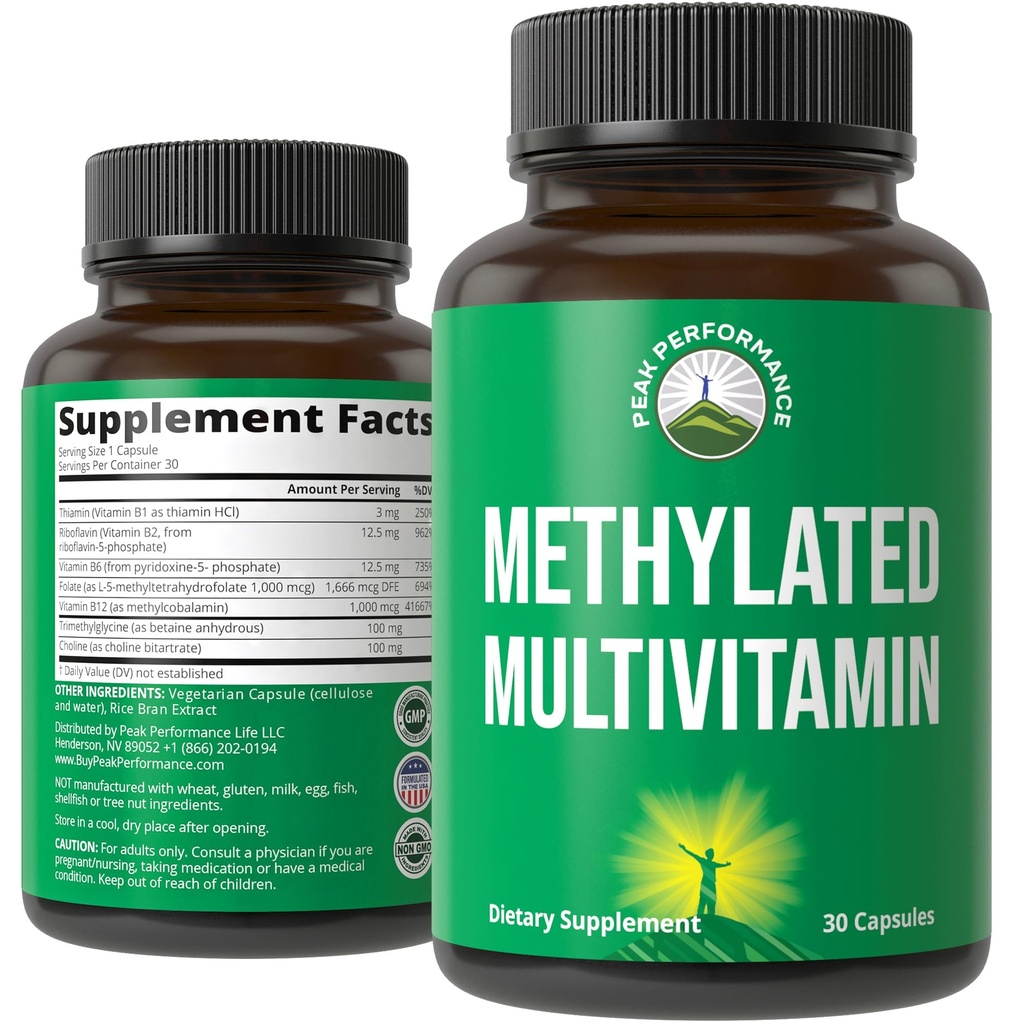 메틸을 입힌 Multivitamin + 메틸을 섞는 B 복잡한 보충교재. Trimethylglycine (TMG)로, L Methylfolate의 메틸 B12 + B1 + B2 + B6 비타민 + 콜린. 여성 및 남성을위한 MTHFR 보충. Vegan 캡슐