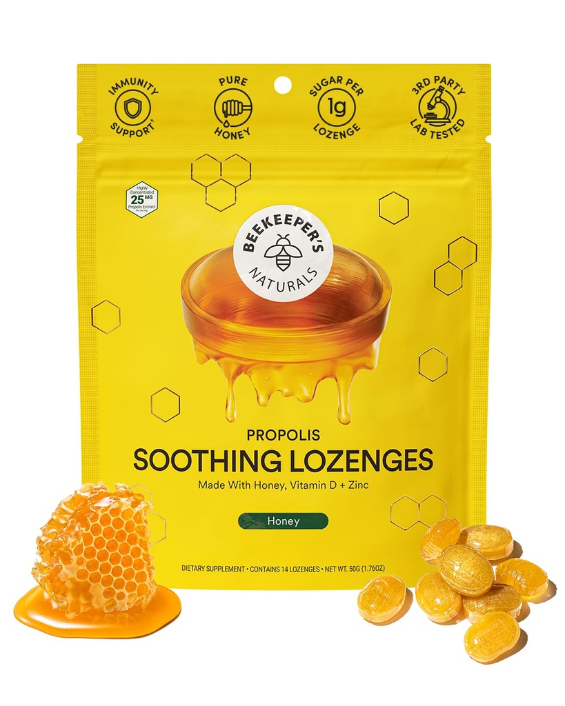 Soothing 꿀 기침 드롭 - 비타민 D, 아연 및 프로 폴리스와 면역 지원 - Beekeeper's Naturals - Throat Soothing Lozenges, 14 Ct