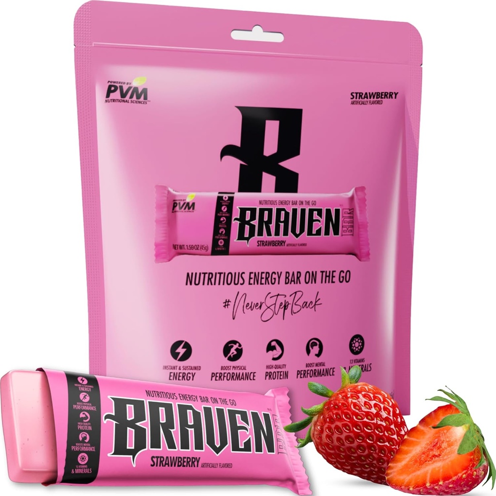 Braven Bar Strawberry Energy Bars (1.59 oz, 10 팩) - 5g Protein과 에너지 Chews Alternative - 달리기, 하이킹 및 스포츠를위한 온-고 스낵 - 글루텐 무료 스낵 - 바 단백질