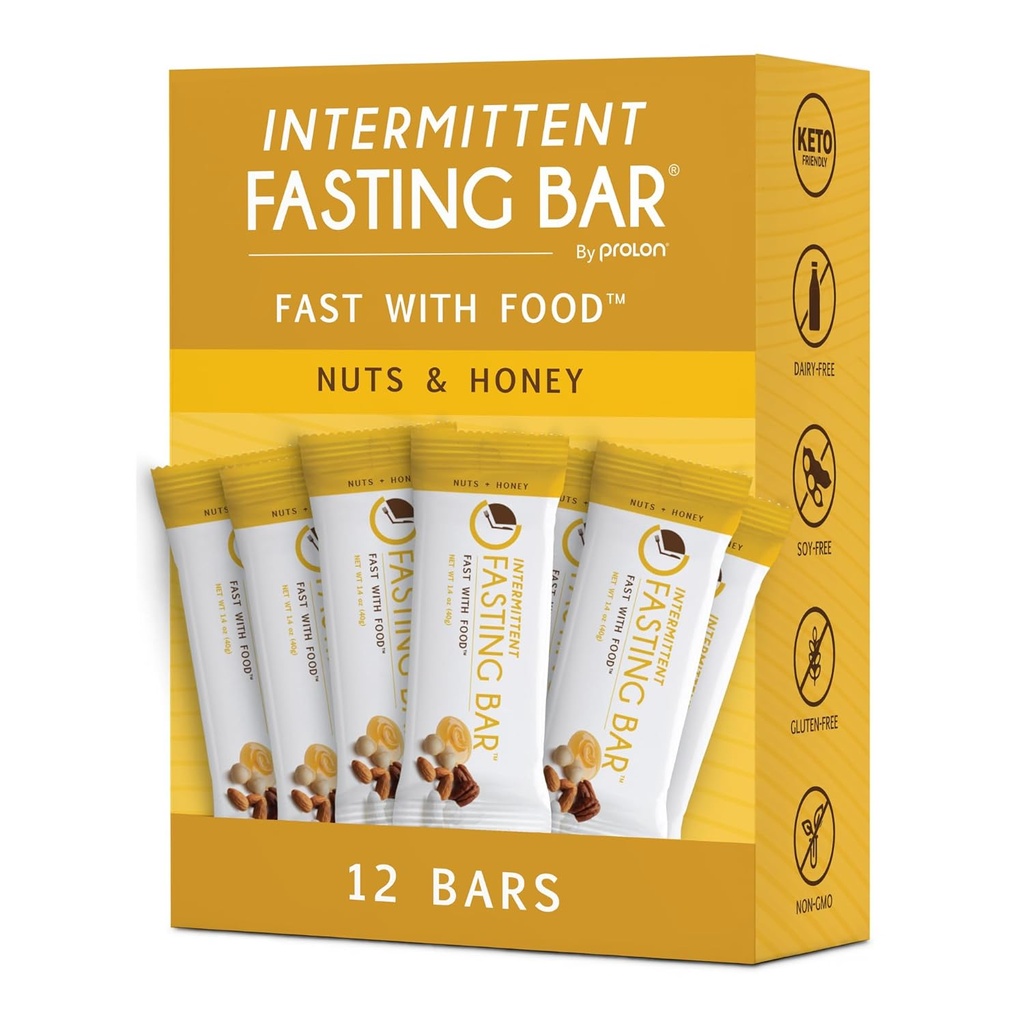 Prolon Fasting Bar | 6g Protein, 8g Fiber | Keto-Friendly, Gluten-Free, Dairy-Free, Plant-Based | Intermittent Fasting의 영양 | 빠른 고장으로 변형되지 않는 영양 | 견과류 및 꿀 (12 개)