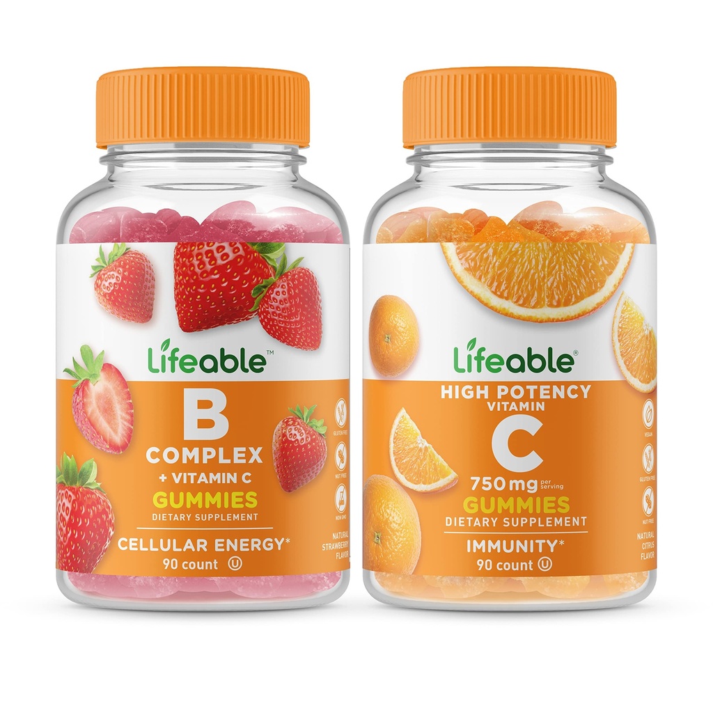 Lifeable B Complex + 비타민 C 750mg, Gummies 번들 - 훌륭한 타스팅, 비타민 보충, 글루텐 무료, GMO 무료, Chewable