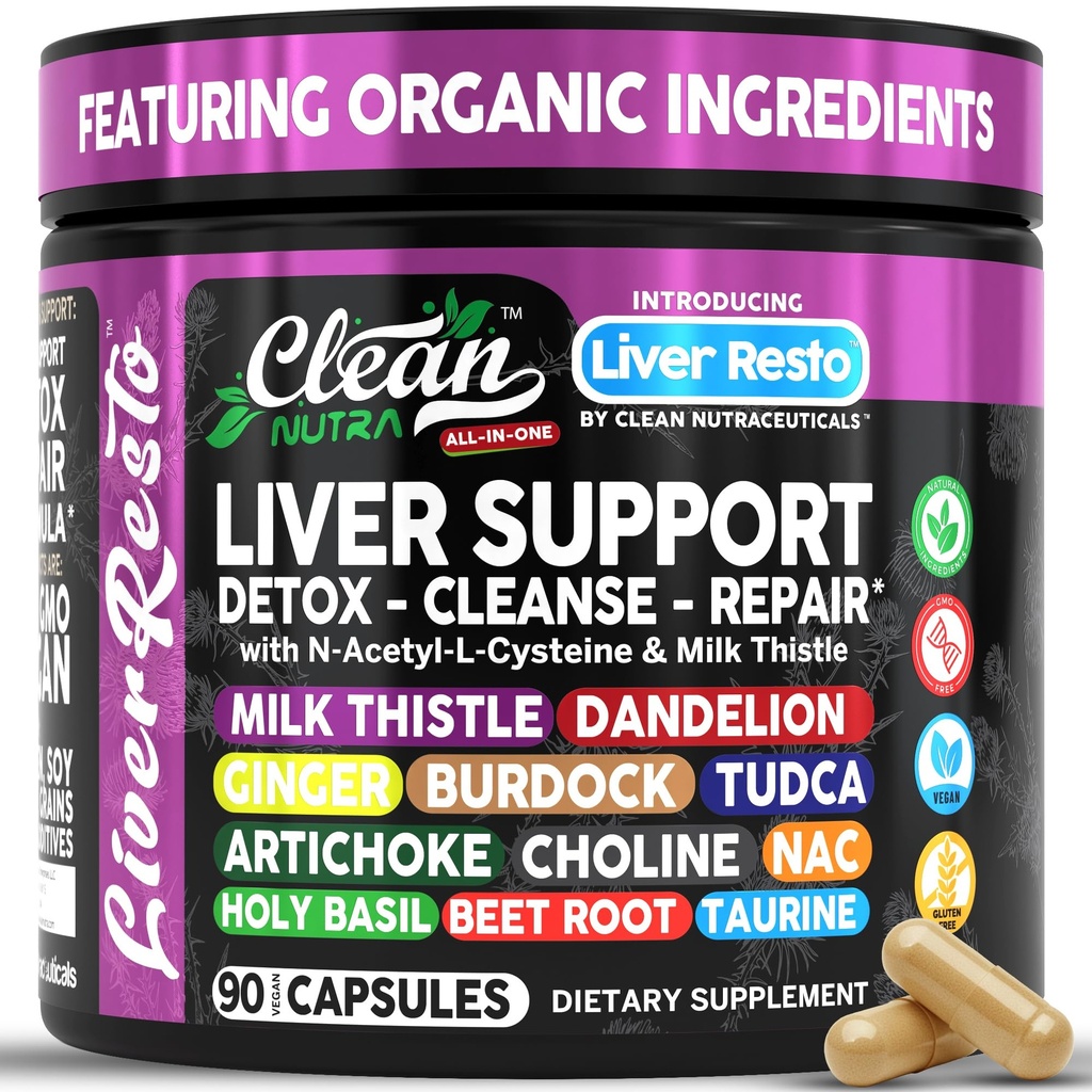 Clean Nutraceuticals Liver Cleanse Detox & Repair | 우유 이틀 보충 + NAC, TUDCA, Dandelion Root, Artichoke, Choline, Ginger, Beet Root, Burdock, Taurine, Liver Support 90 캡슐
