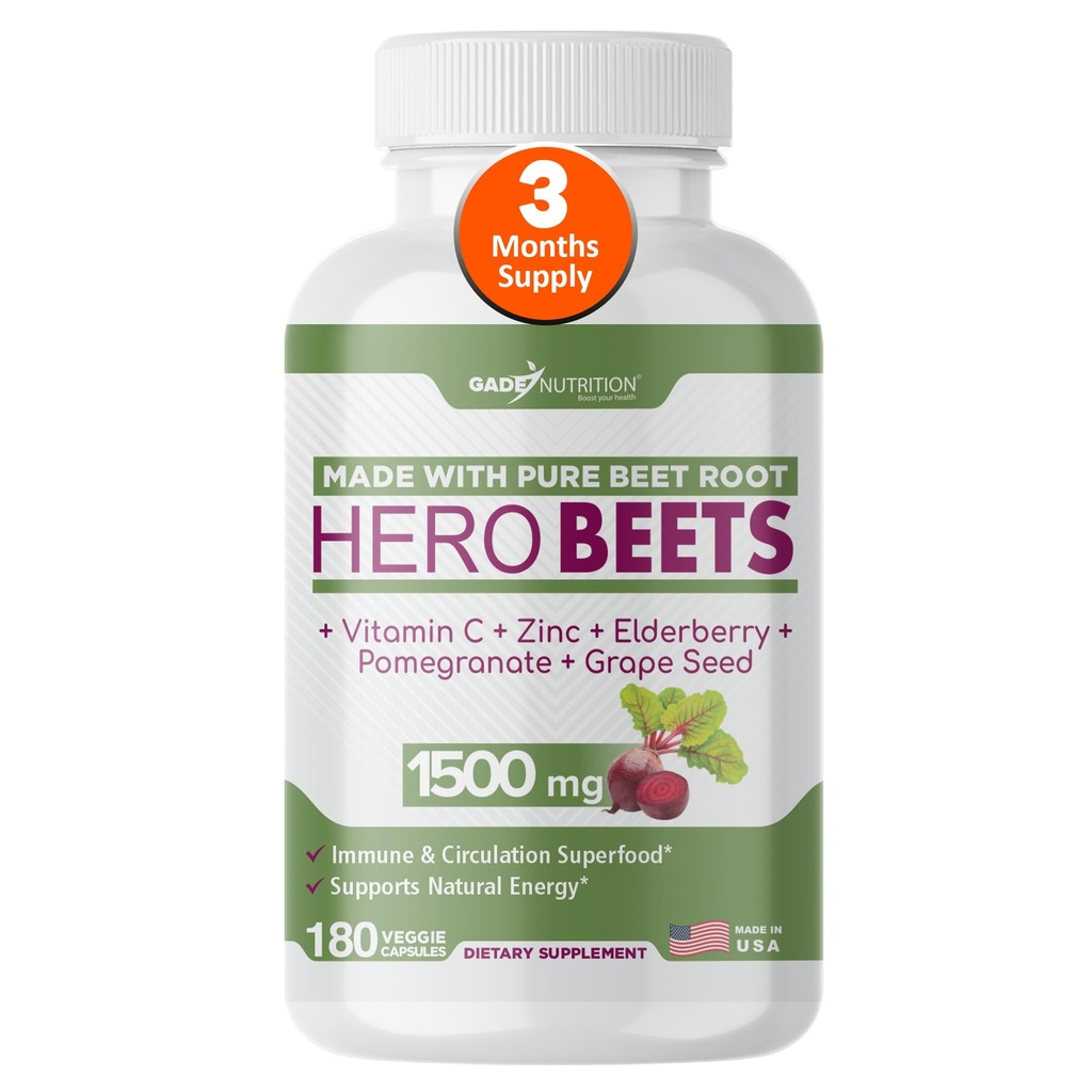 Gade Nutrition Hero Beets - Beet Root Capsules 1500mg - 유기 베타 뿌리 분말 + 비타민 C 아연, Elderberry, 석류, 포도 씨앗 추출물 - 3 개월 공급
