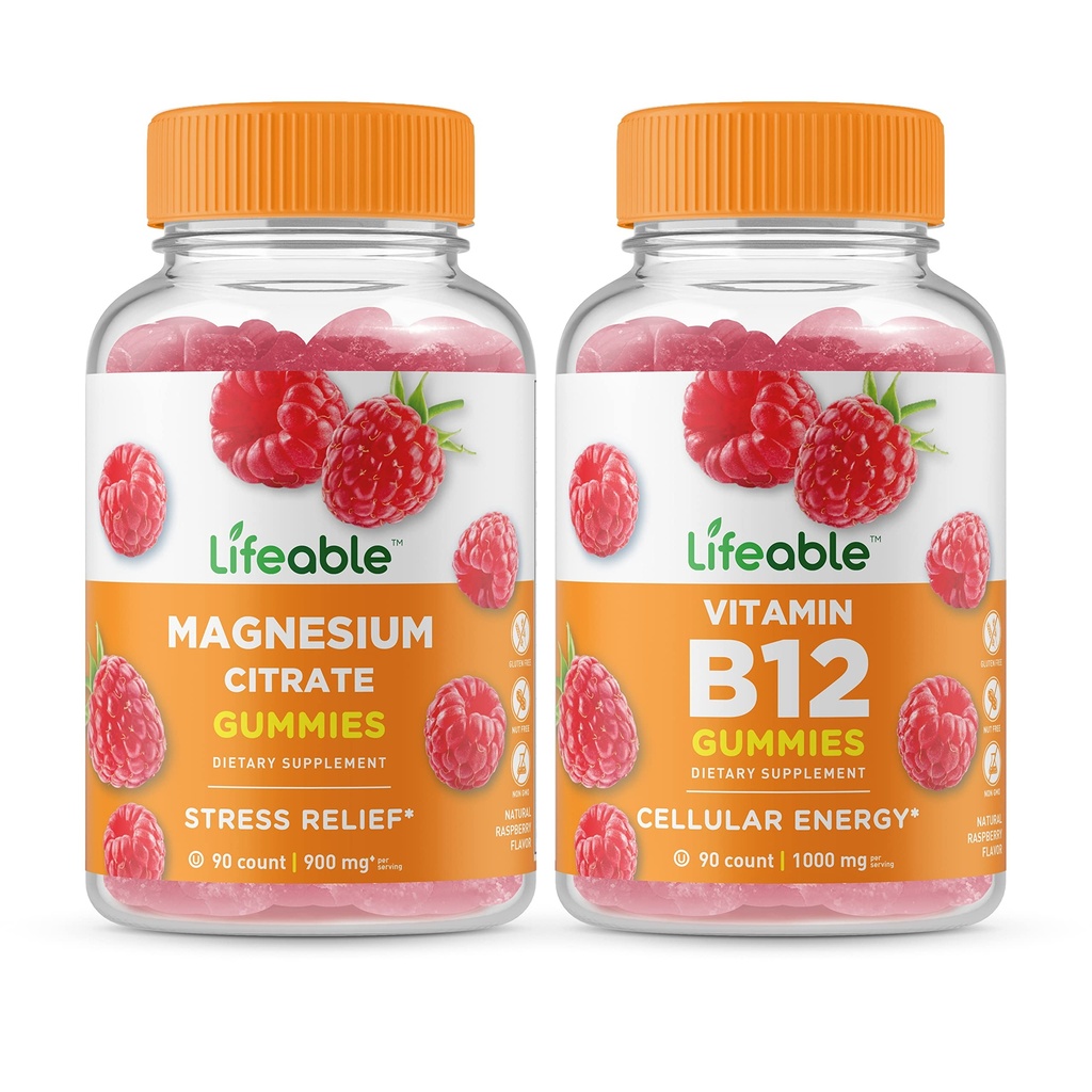 Lifeable 마그네슘 + 비타민 B12, Gummies 번들 - 훌륭한 타스팅, 비타민 보충, 글루텐 무료, GMO 무료, Chewable Gummy