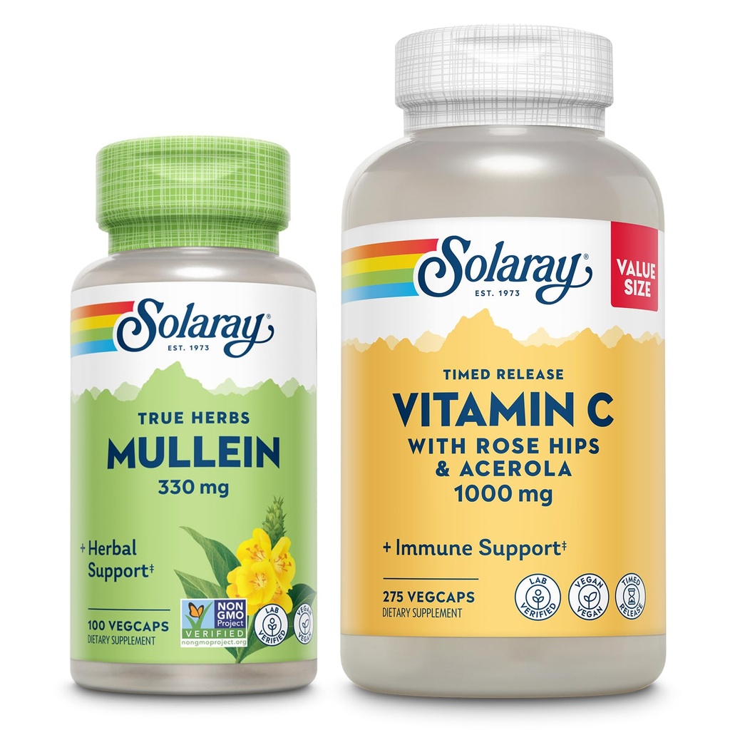 SOLARAY 비타민 C 1000mg 및 Mullein 잎 웰링턴 묶음 - 시간 방출 비타민 C 보충교재와 Mullein 캡슐은, 웰니스 지원을 위해 전통적으로 사용해 - 채식주의자, 60 일 보증, 275/100 VegCaps