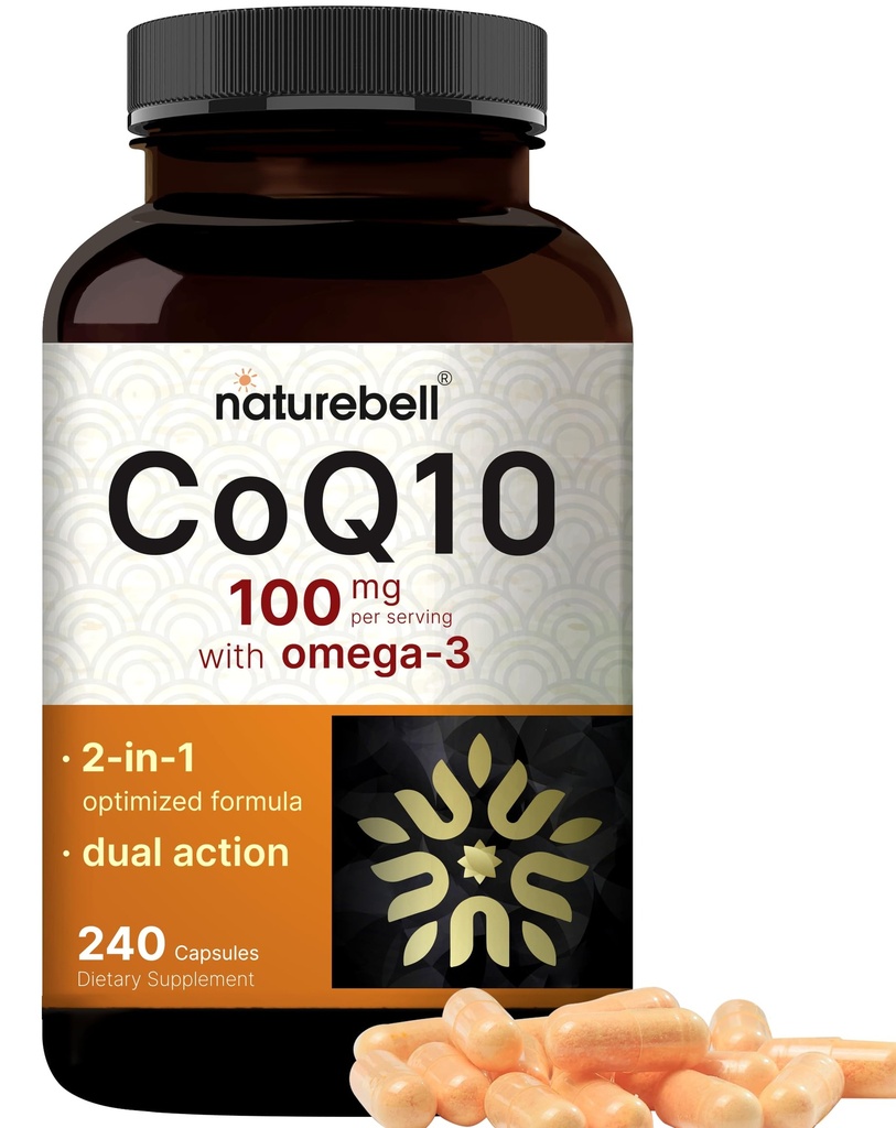 NatureBell CoQ10 100mg with Omega 3, 240 캡슐 | 안정적인 높은 흡수 형태 – 심장 및 에너지 건강에 대한 산화 지원 – 추가 강도 Coenzyme Q10 보충