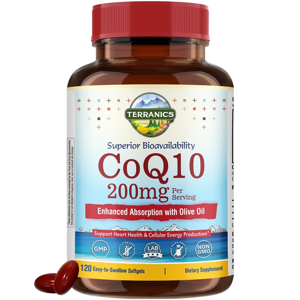 Terranics CoQ10 200mg의 여분 버진 올리브 기름을 가진 Coenzyme Q10 보충교재는 미국에서, 지원 심장 건강, 산화 방지제 보호, 에너지 생산, 비 GMO, 120 Softgels에서 만들었습니다