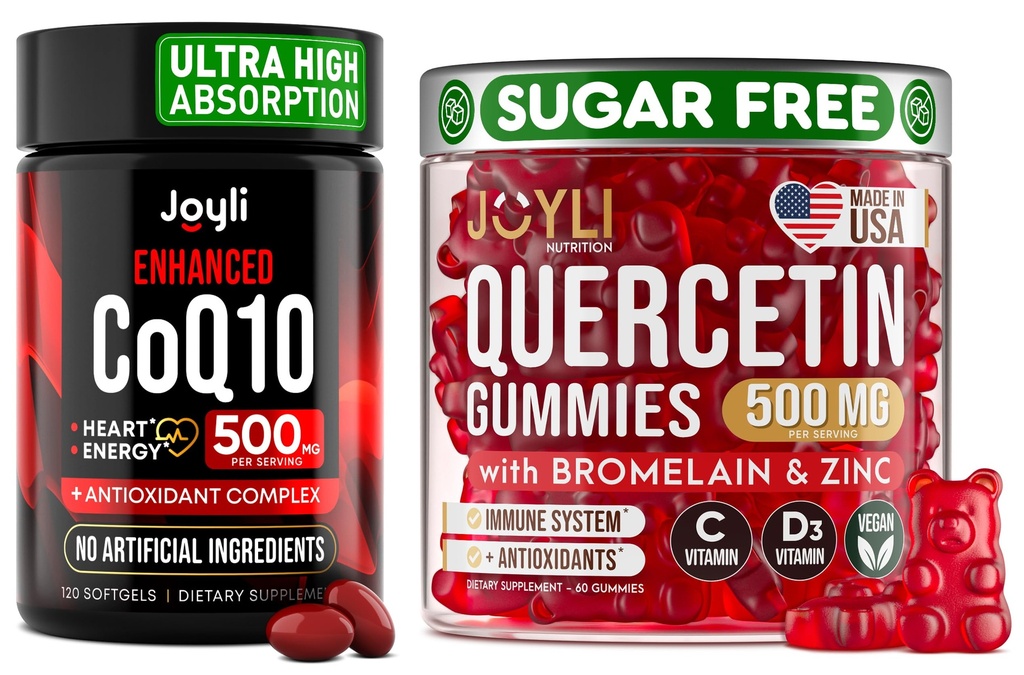Bromelain 및 CoQ10 500mg 번들이있는 Quercetin - 120 Coenzyme Q10 Softgels + 60 Sugar-Free Quercetin Gummies 아연, 비타민 C 및 D3 - 면역, 심장 및 에너지 지원 - 미국 Made Supplements