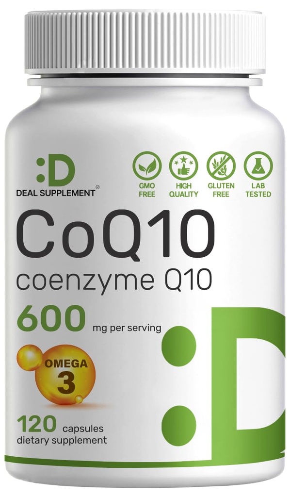CoQ10 600mg, 120 캡슐 - 오메가 3 지방산 100mg - 최대 강도 - Bioavailable Coenzyme Q10 보충제 - 심장, 에너지 및 두뇌 건강 산화 지원 - Non-GMO