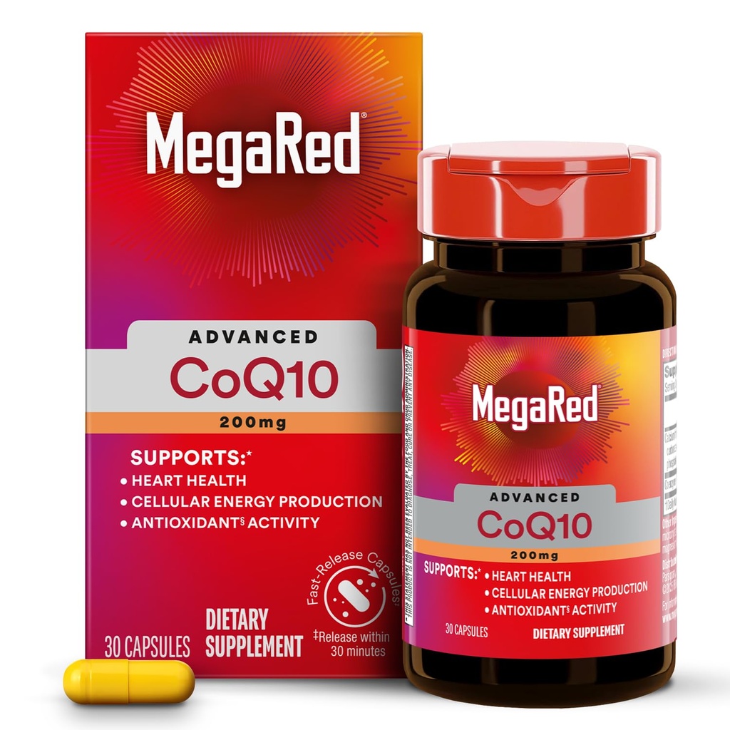 MegaRed Advanced CoQ10 Supplements - 200mg Per 서빙 당, Cellular Energy Production을 지원하는 강력한 산화 방지제 및 무료 Radicals * - 30 Coenzyme Q10 캡슐, 30 서빙