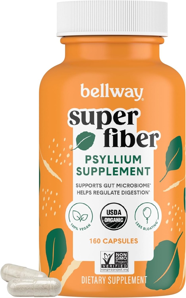 Bellway 슈퍼 섬유 캡슐 - USDA 유기 Psyllium Husk 캡슐 - 소화 건강 및 정기적 인 식물 - 식물 기반, Non-GMO, Kosher - 160 캡슐
