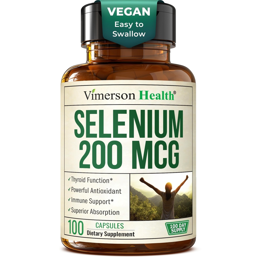 셀레늄 200 mcg 캡슐 – Thyroid, Antioxidant & Immune 지원을위한 고순도 셀레늄 보충 – 높게 Bioavailable L-Selenomethionine Essential Mineral Supplements - Vegan, 100 캡슐