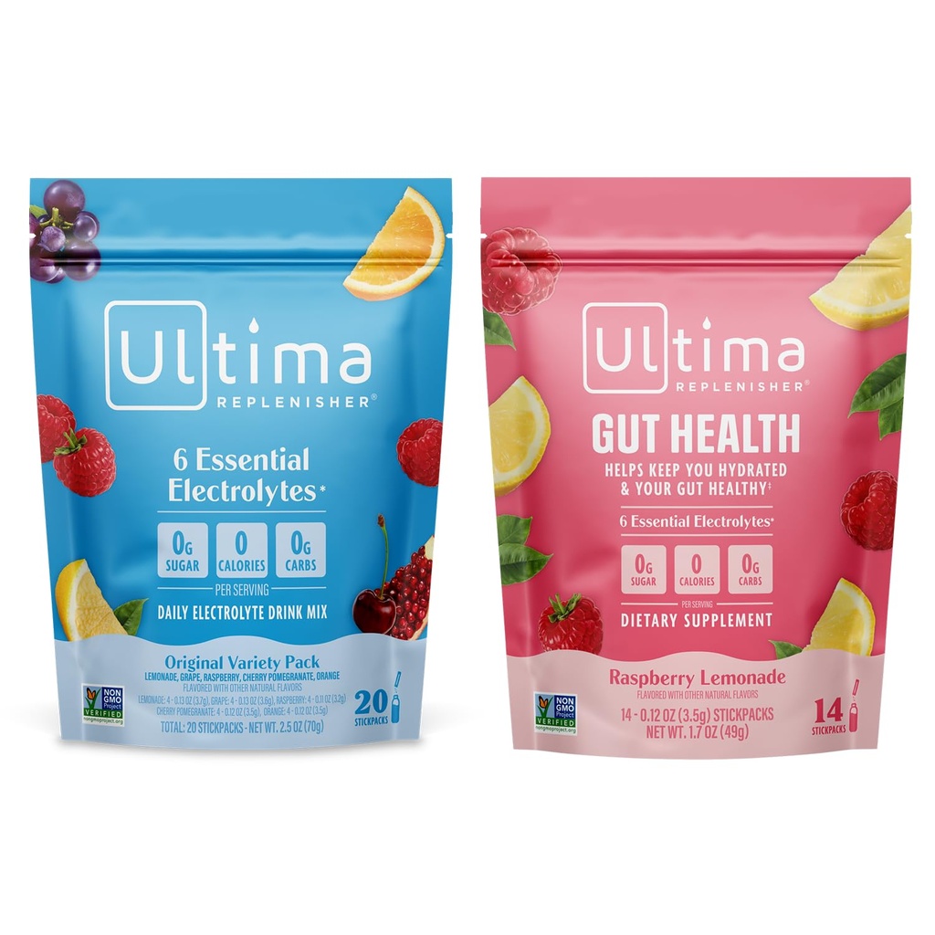 Ultima Replenisher Electrolyte Powder Drink Mix 번들 - 설탕 무료 - 다양성, Gut Health - 20 Stickpacks, 14 Stickpacks - 6 Electrolytes 및 Minerals - Keto Friendly, Vegan, Non-GMO