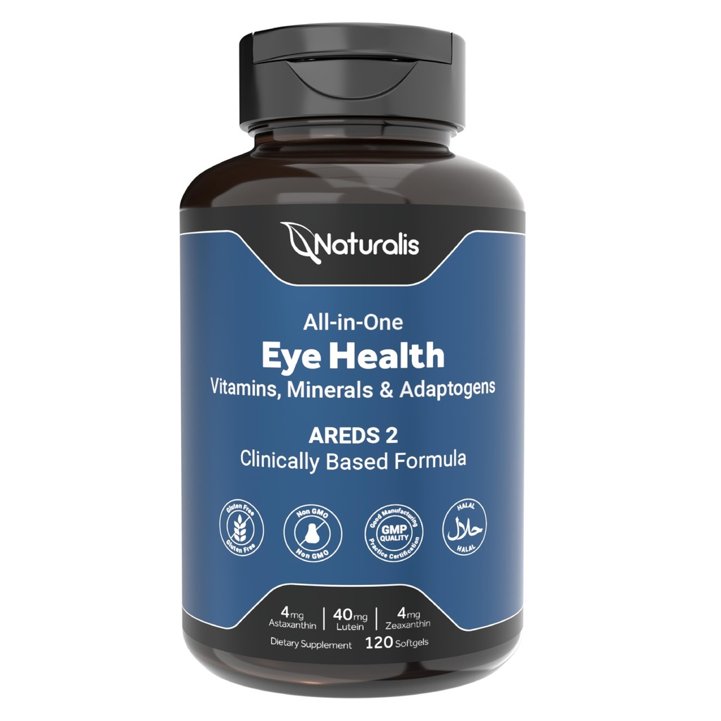 Naturalis Areds2 임상 기반 눈 보충 | 루테인, Zeaxanthin, Astaxanthin, Bilberry, 블루베리, 크랜베리 및 포도 씨 Adaptogen 혼합 | 120 비전 에센셜 소프트 젤