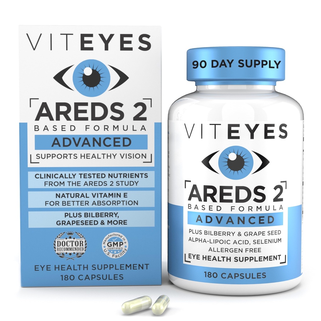Viteyes AREDS 2 Advanced Eye Vitamins, Bilberry, Grapeseed, FLORAGLO Lutein, Selenium, Natural Vitamin E, Allergen Free, Vision Protection, Eye Doctor Trusted, 180 카운트 지원