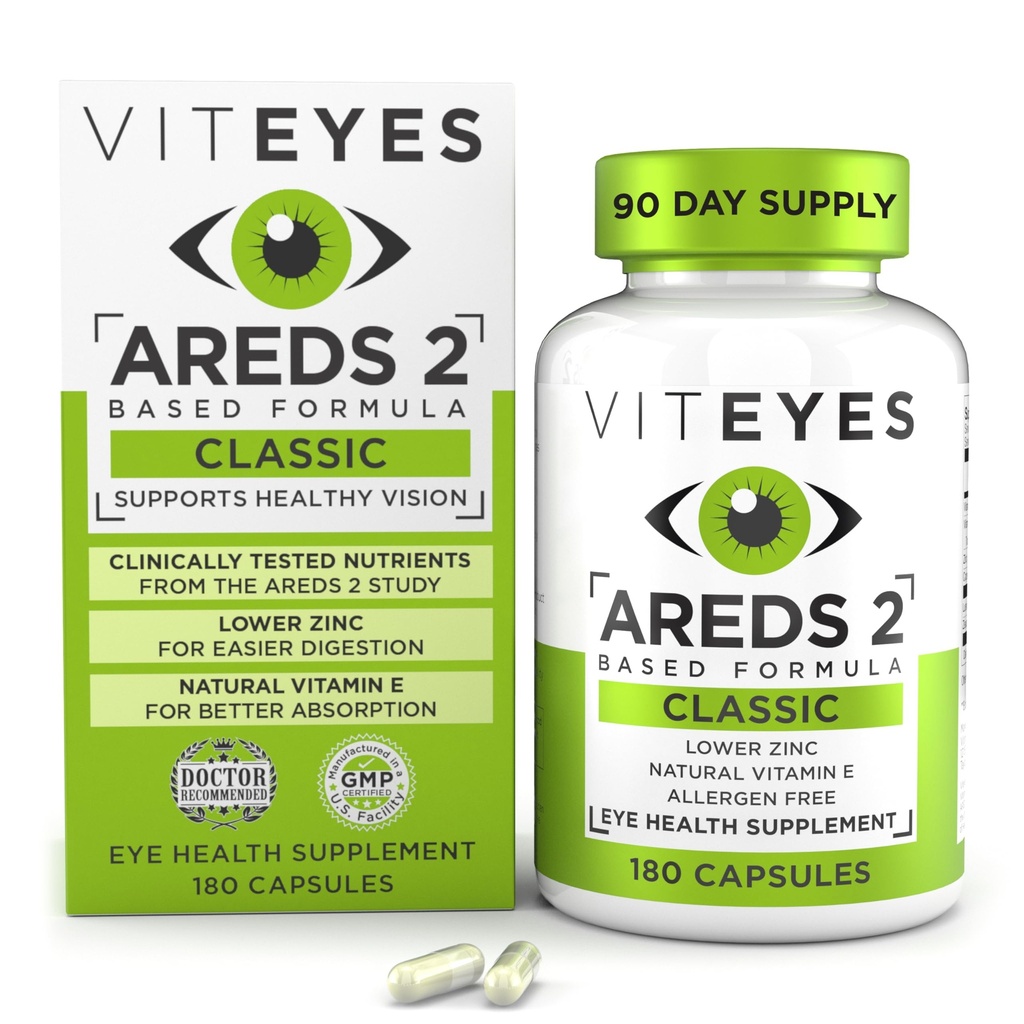 비타민 E, 비타민 C, 아연, 구리, Lutein & Zeaxanthin, 미국, 180 Ct에서 제조 된 아이 의사 신뢰할 수있는 Viteyes AREDS 2 눈 비타민, 클래식 Macular 지원, 알레르기 무료 캡슐