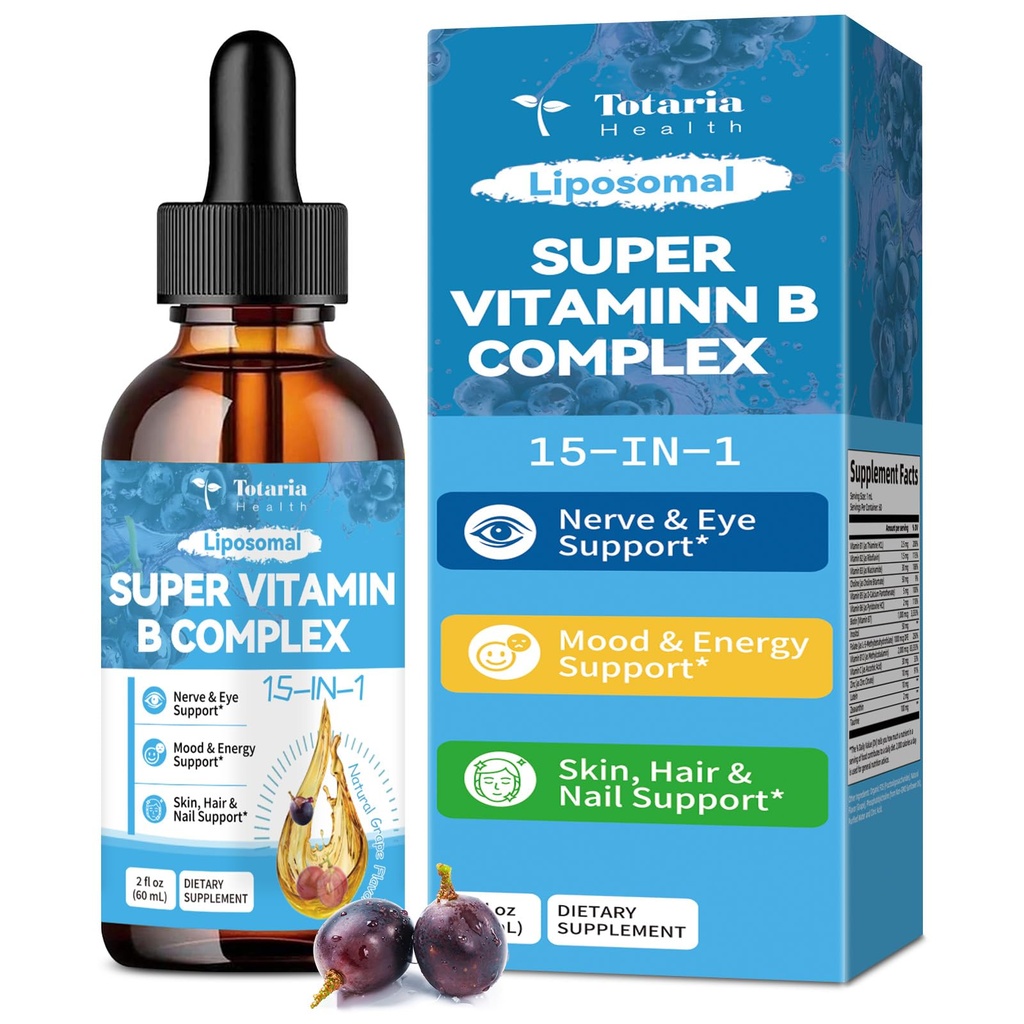 15in-1 Liposomal 비타민 B Complex Pro, B1, B2, B3 Niacinamide, Choline, B5, B6, B7 Biotin, Inositol, Folate, B12, 아연, Lutein, Zeaxanthin, Taurine & Vit를 가진 설탕 자유로운 B Complex 하락. C, 2개 fl oz