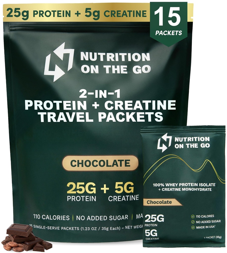 크레아틴을 가진 Go Whey Protein Isolate Packets에 영양 - 25g Protein + 5g Creatine - Single-Serve Travel Protein Powder - 5.9g BCAAs, Keto & Low-Carb, Gluten-Free - Chocolate (15-Pack)