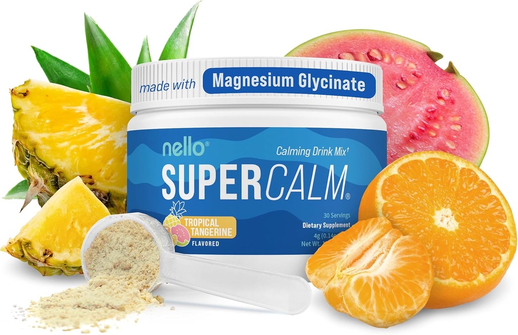 Nello Supercalm 분말 음료 혼합, 열대 Tangerine, L Theanine, Ksm-66 Ashwagandha, 마그네슘 글리세라이드, 비타민 D 3, Relaxation & Focus, Natural, No Sugar, Non GMO, 30 Srvg에 대 한 보충