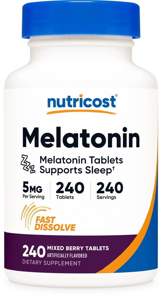 Nutricost Melatonin 5mg, 240 빠른 용해 정제 (Mixed Berry 맛) - 비 GMO, 글루텐 무료