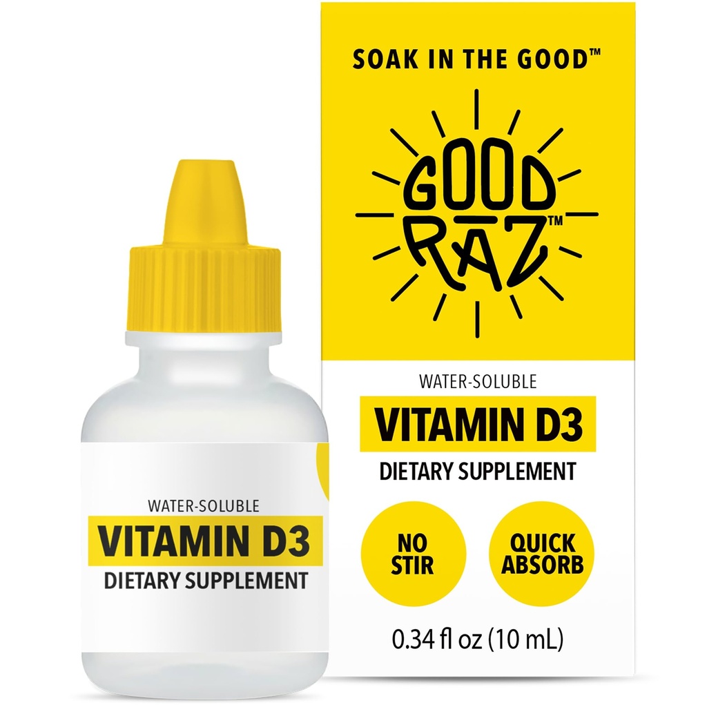성인 4 개월 공급을위한 비타민 D3 드롭 - 수용성 액체 비타민 D, Non-GMO, Kosher Supplement - 쉬운 흡수, 아니 Stir, 맛없는 D3 액체 식품 또는 음료