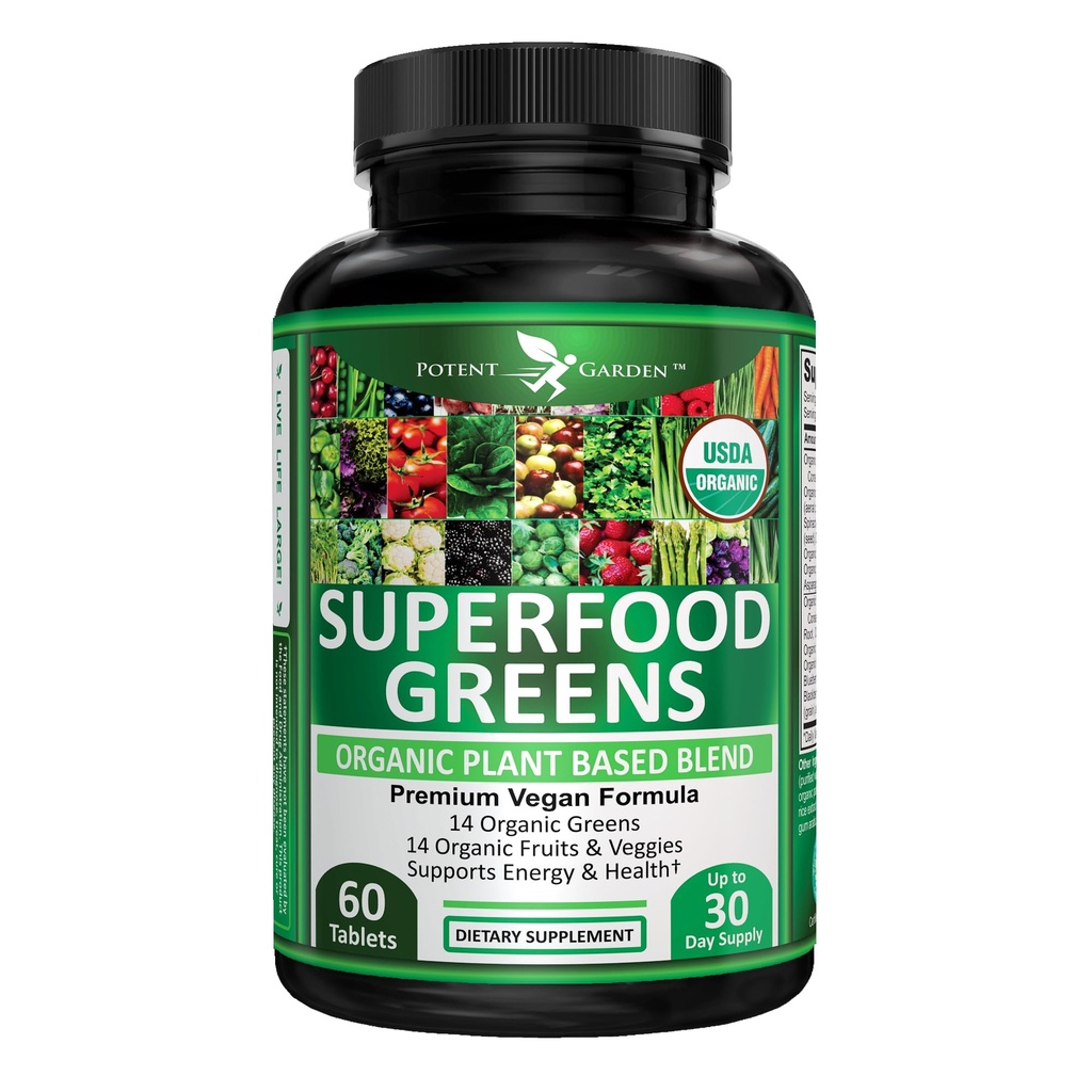 유력한 정원 유기 Superfood 녹색, 과일 및 채소는 Alfalfa, Beet 뿌리 & Tart Cherry를 가진 비타민 & 산화 방지제에서 부유한 에너지, 면제 & Gut 건강, 녹색 정제 60 Ct를 밀어줍니다