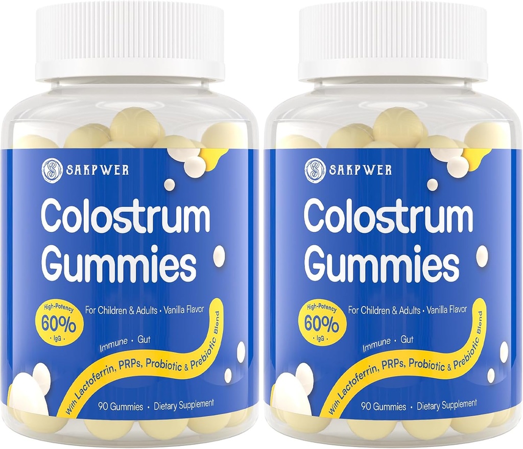 Bovine Colostrum Supplement Gummies - 60 % 높은 IgG, Lactoferrin, 성인 및 어린이를위한 Probiotics 및 Prebiotics, 바닐라 맛 및 설탕 무료, 2 팩
