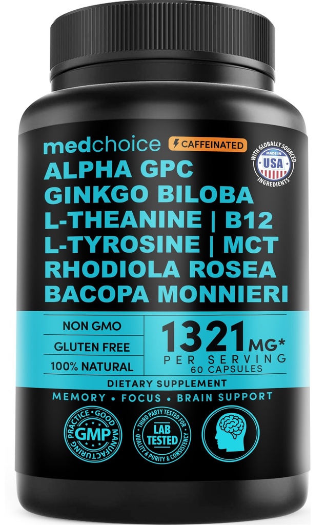 Caffeine Anhydrous를 가진 12에서 1 Nootropic 뇌 보충교재: 뇌 지원, 기억 및 초점을 위한 Ginkgo Biloba - B12, 알파 GPC, L Theanine 및 Choline는 1321mg (60ct)를 가진 Bioperine를 가진 보충교재를 보충합니다