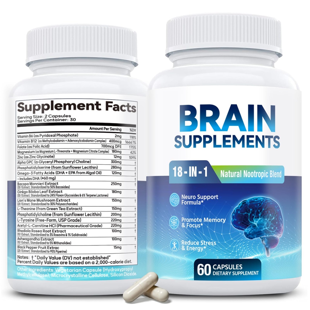 기억과 초점을위한 18-in-1 두뇌 보충 – 알파 GPC, Bacopa, Ginkgo Biloba, Lion's Mane, 비타민 B6 및 B12가있는 Nootropic 캡슐 | 인지 건강, 정신 Clarity | Vegan, Non-GMO