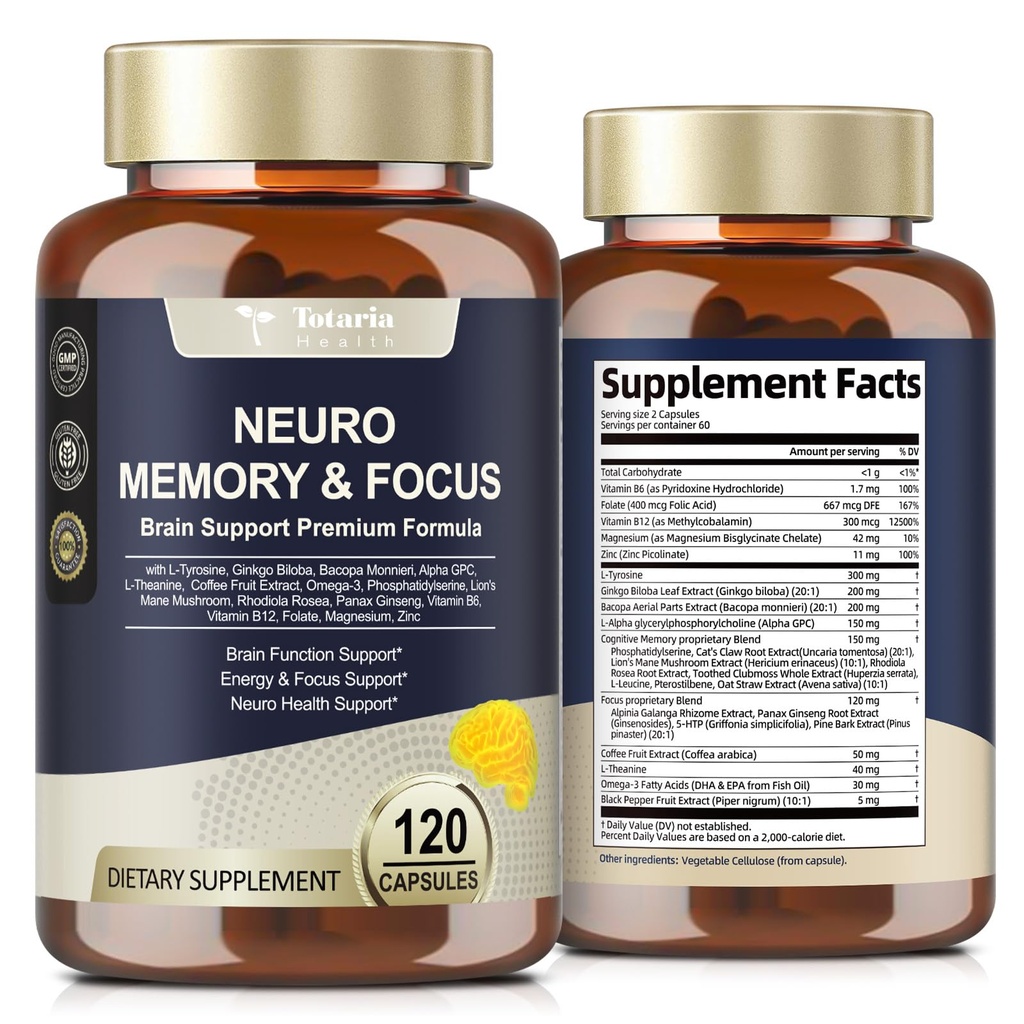 Totaria 두뇌는 기억과 초점, L-Tyrosine, 알파 GPC, Ginkgo Biloba, Bacopa Monnieri, Nootropic Cognitive 지원 - Non-GMO, 글루텐 자유로운 (120의 조사)를 가진 뇌 건강을 보충합니다