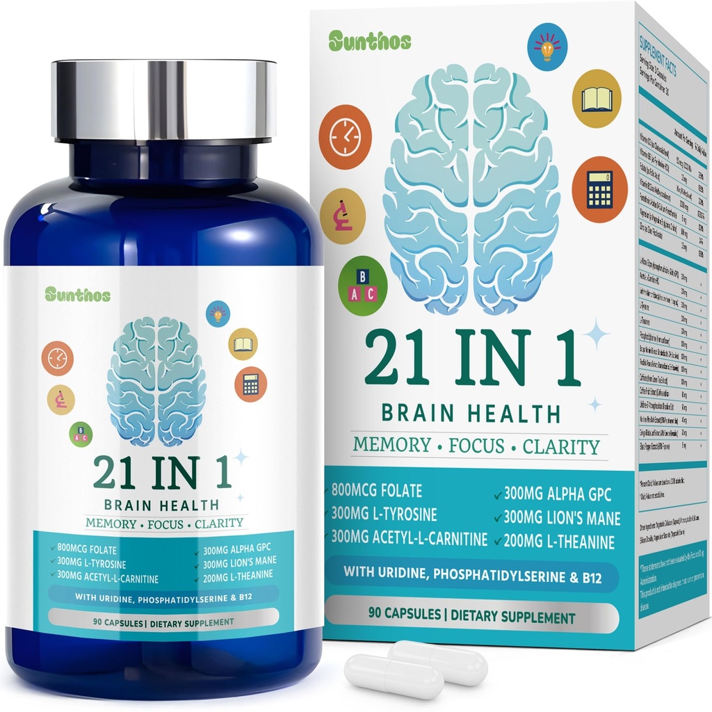 기억과 초점, 정신 건강에 대한 21-in-1 두뇌 보충 교재, 300mg 알파 GPC, 300mg 사자 Mane, L-Theanine, Phosphatidylserine, 비타민 B6 B12, 90 캡슐과 조화