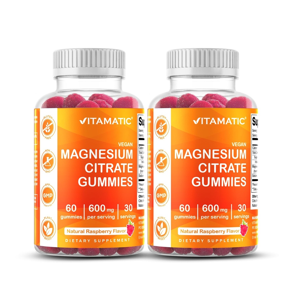 Vitamatic 마그네슘 구연산염 Gummies 봉사 당 600mg - 60 조사 - 건강한 이완, 근육, 뼈, & 에너지 지원 (2의 포장)를 승진시킵니다