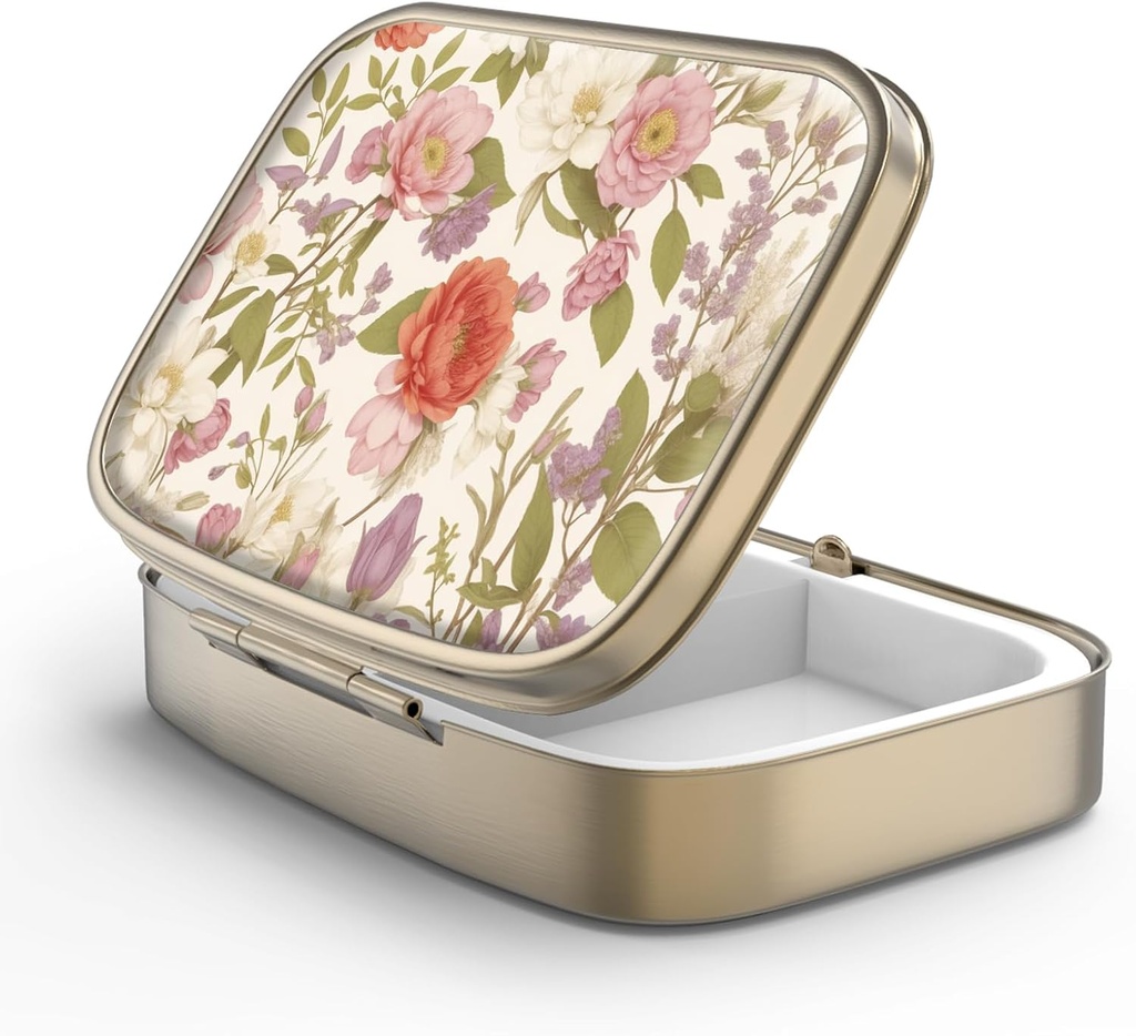 Pill Case Pill Box with Mirror Retro 2 Compartment 작은 알약 케이스 Purse 또는 포켓 청동 직사각형 알약 상자 또는 비타민, 생선 기름, 보충제, Pill Containe 여행 선물 (빨간 꽃)