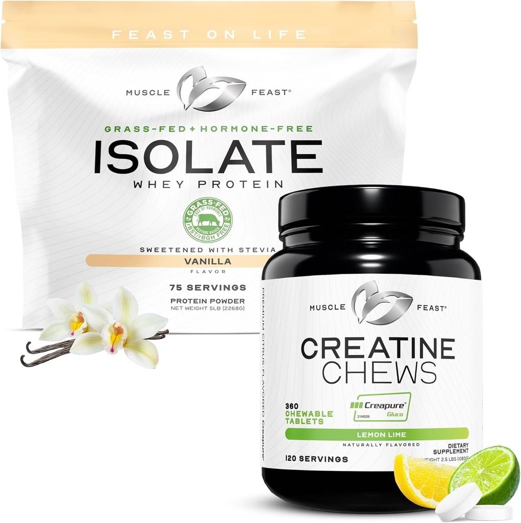근육 Feast Isolate + Creatine 캔디 번들 : 1 Whey Protein Isolate (Vanilla, 5lb) + 1 Creatine Candy (Lemon Lime, 360) | 프리미엄 보충제, 채식, 글루텐 무료