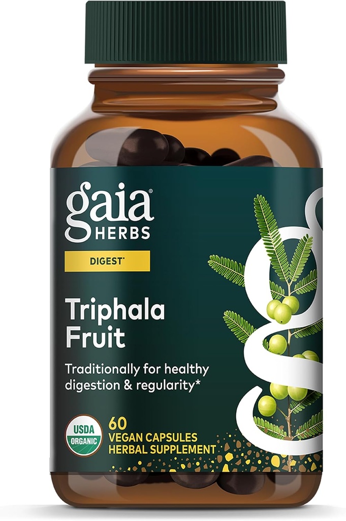 가이아 허브 Triphala 과일 - 소화 건강 지원 - 점차적으로 Amla 과일, Belleric Myrobalan 및 Chebulic Myrobalan과 함께 시스템 *를 청소 - 60 Vegan 캡슐 (30 일 공급)