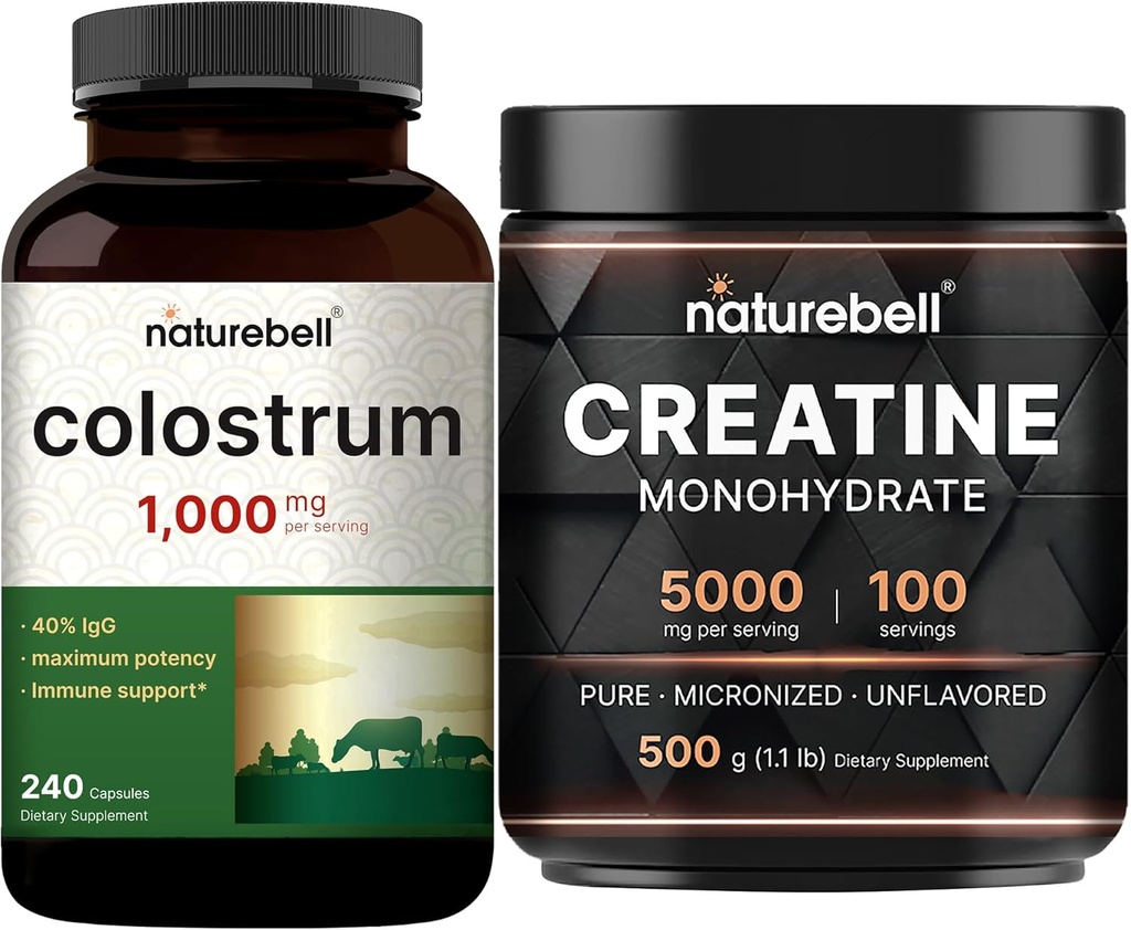 NatureBell Creatine Monohydrate Powder & Colostrum 240 캡슐 1,000mg / 서빙 번들 팩 | 고 흡수 미세화 크레아틴 | 잔디 볶음 Bovine의 첫 우유